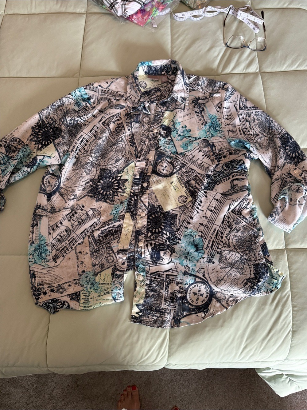 #0186 - Novelty Print Button Front Blouse Travel Music Postcard Shirt